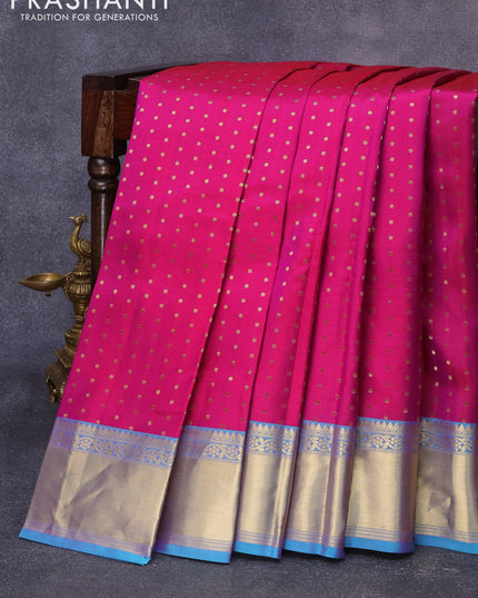 Pure kanjivaram silk saree magenta pink and dual shade of blue with allover zari woven 1000 buttas and zari woven border