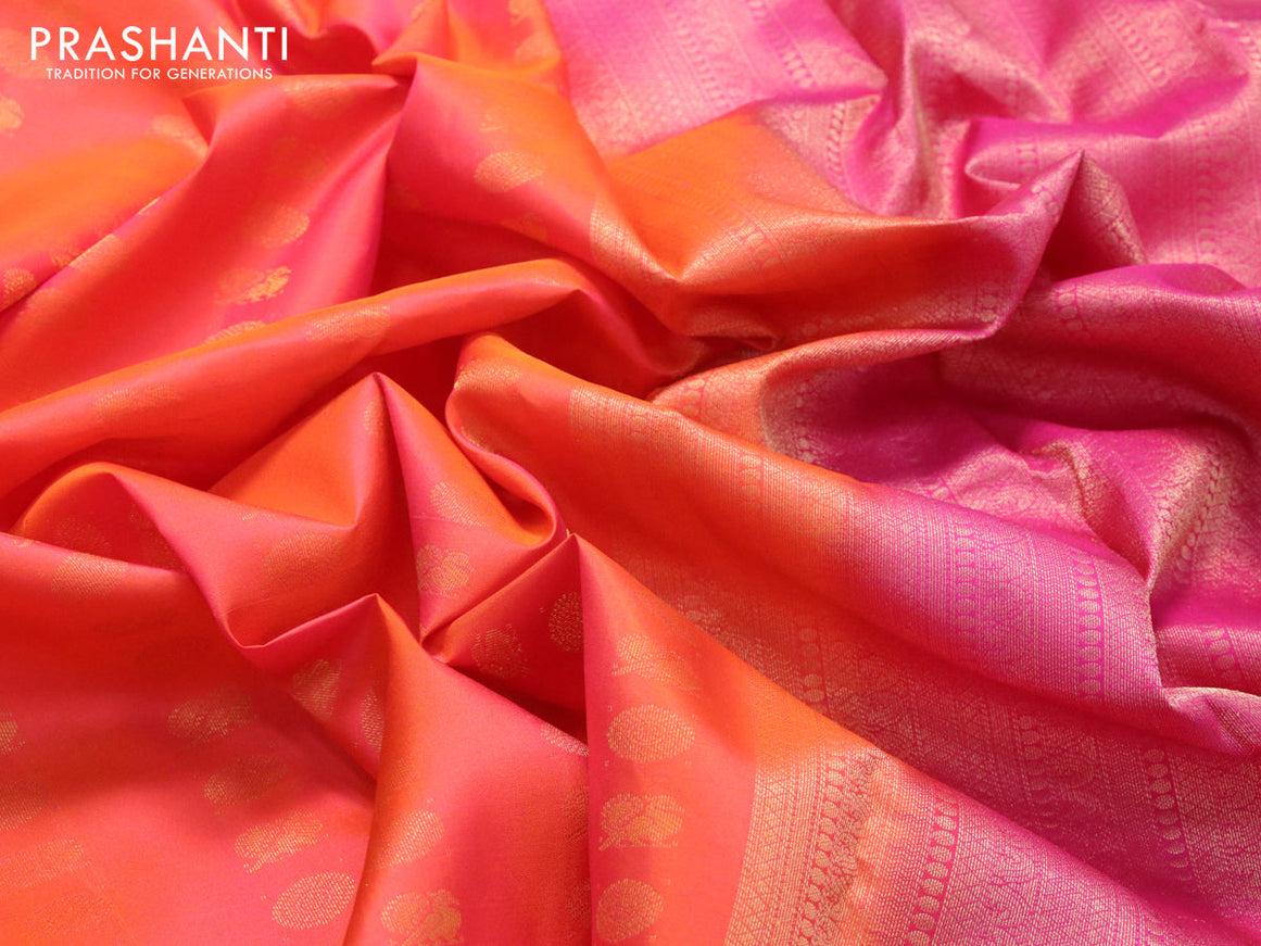 Pure kanjivaram silk saree dual shade of orange and pink with allover annam & rudhraksha zari woven buttas and rich zari woven annam border