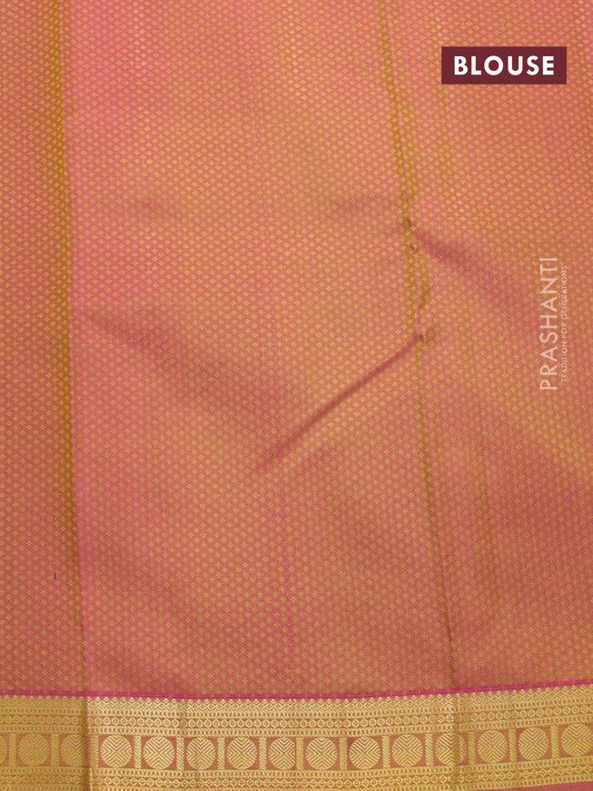 Pure kanjivaram silk saree dual shade of pale yellow and dual shade of pink with allover self emboss and rich rudhraksha zari woven border