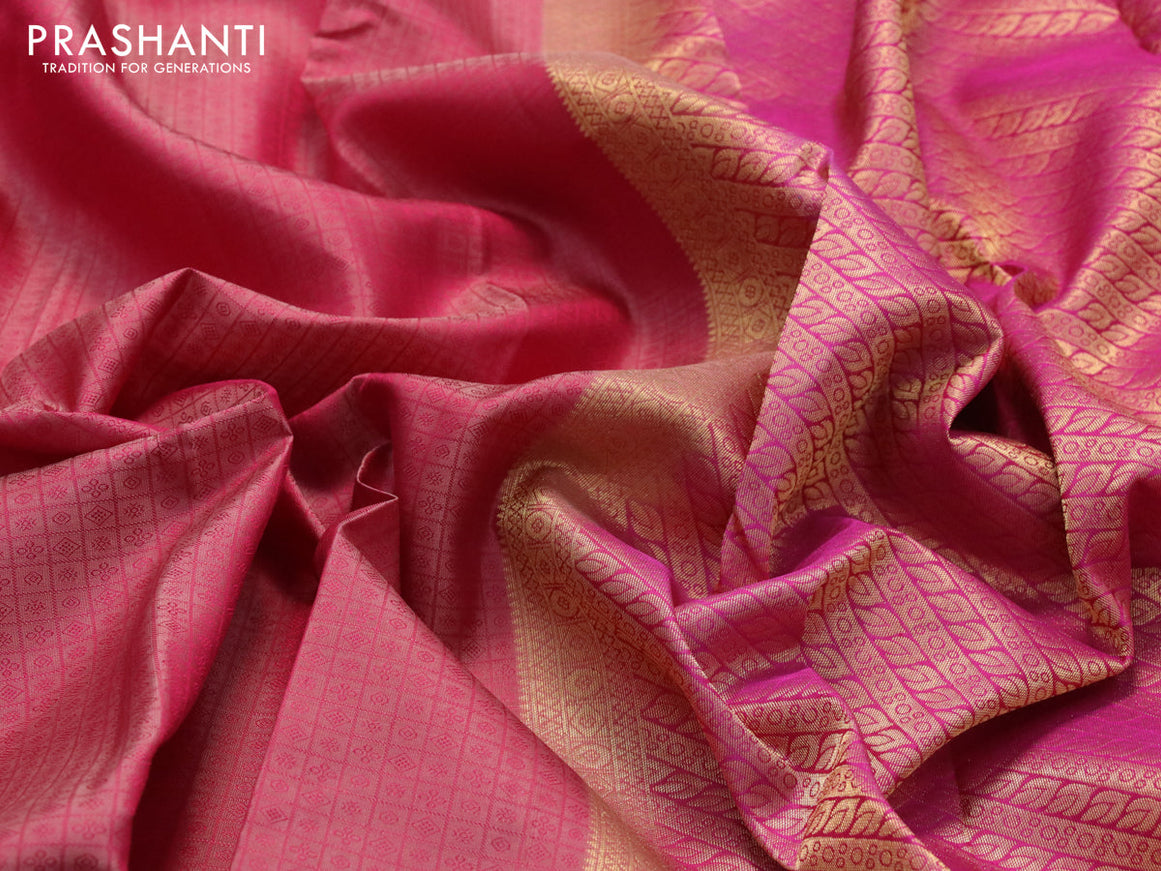 Pure kanjivaram silk saree dual shade of pink and magenta pink with allover self emboss and rich zari woven border