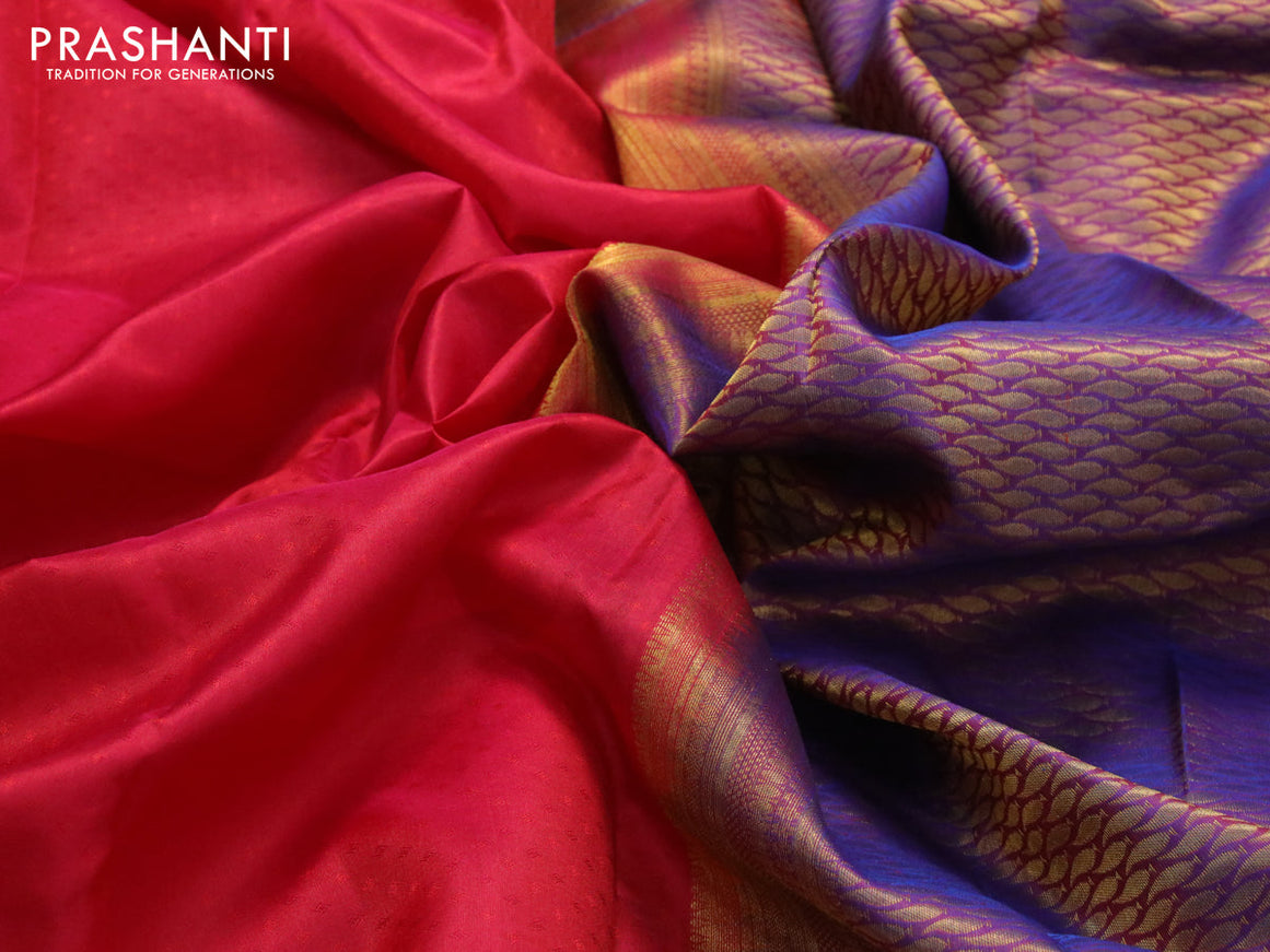 Pure kanjivaram silk saree reddish pink and dual shade of reddish blue with allover self emboss and rich zari woven border