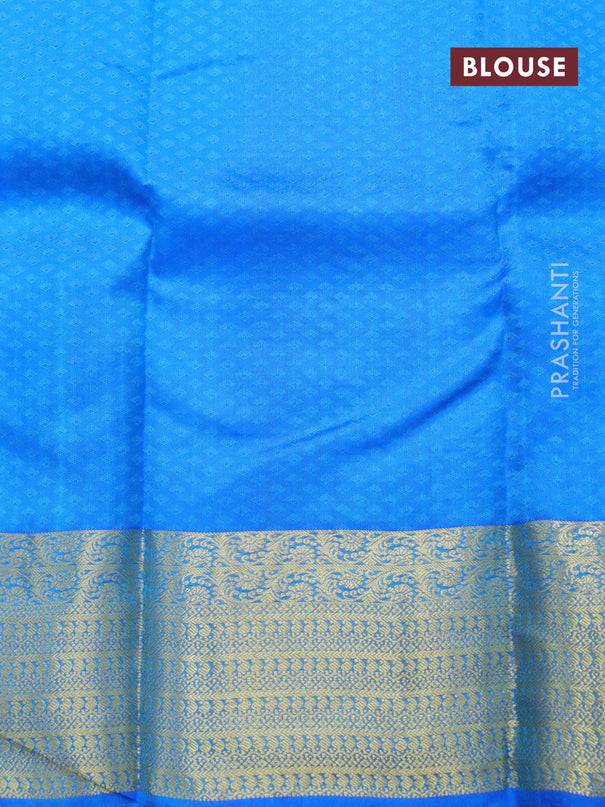 Pure kanjivaram silk saree dual shade of bluish green and blue with allover self emboss and zari woven border