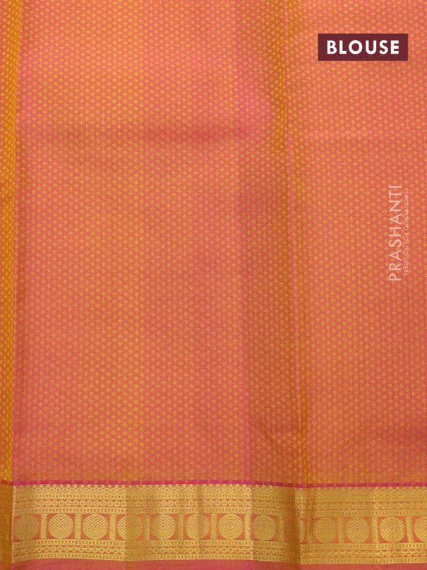 Pure kanjivaram silk saree dual shade of yellowish orange and dual shade of pink with allover self emboss and rudhraksha zari woven border