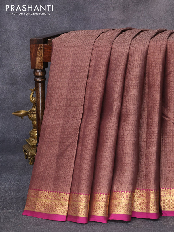 Pure kanjivaram silk saree rosy brown and magenta pink with allover self emboss and zari woven border
