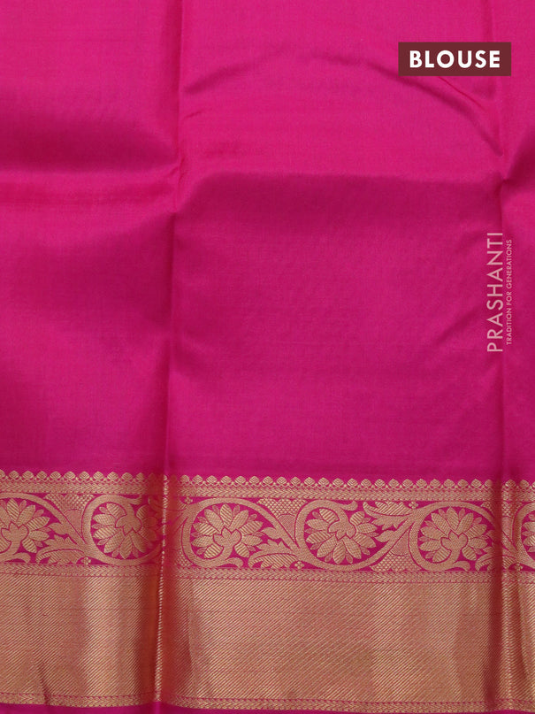 Pure kanjivaram silk saree mango yellow and pink with allover self emboss and floral zari woven border