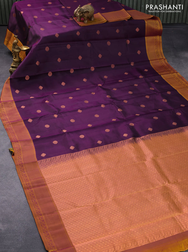 Pure kanjivaram silk saree dark purple and dual shade of dark mustard with copperzari woven buttas and woven border