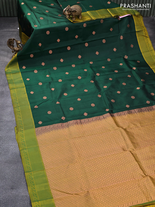 Pure kanjivaram silk saree green and dual shade of mustard green with copperzari woven buttas and woven border