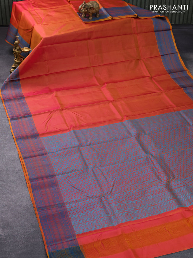 Pure kanjivaram silk saree dual shade of mustard yellowish pink and blue with plain body and thread woven border