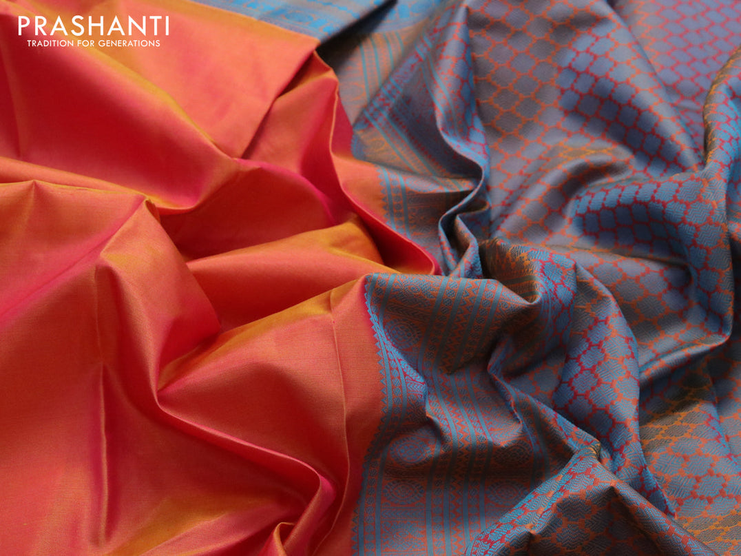 Pure kanjivaram silk saree dual shade of mustard yellowish pink and blue with plain body and thread woven border
