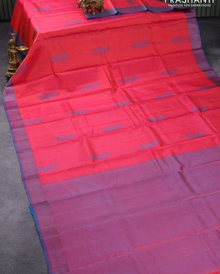 Pure kanjivaram silk saree dual shade of pink and peacock green with allover thread butta weaves and thread woven border