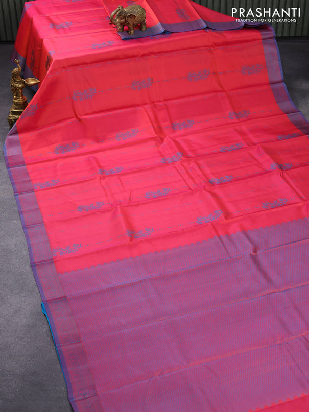 Pure kanjivaram silk saree dual shade of pink and peacock green with allover thread butta weaves and thread woven border