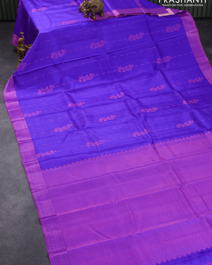 Pure kanjivaram silk saree royal blue and pink with allover thread butta weaves and thread woven border