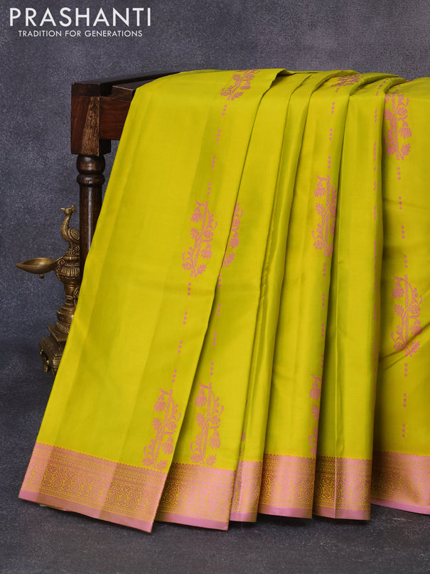 Pure kanjivaram silk saree lime yellow and pink with allover thread butta weaves and thread woven border