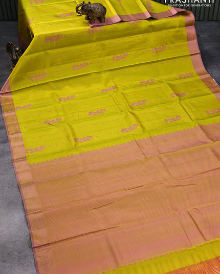 Pure kanjivaram silk saree lime yellow and pink with allover thread butta weaves and thread woven border