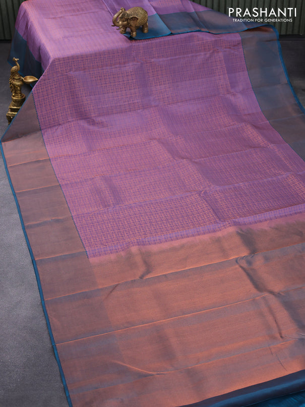 Pure kanjivaram silk saree purple shade and peacock blue with allover copper zari weaves and copper zari woven border