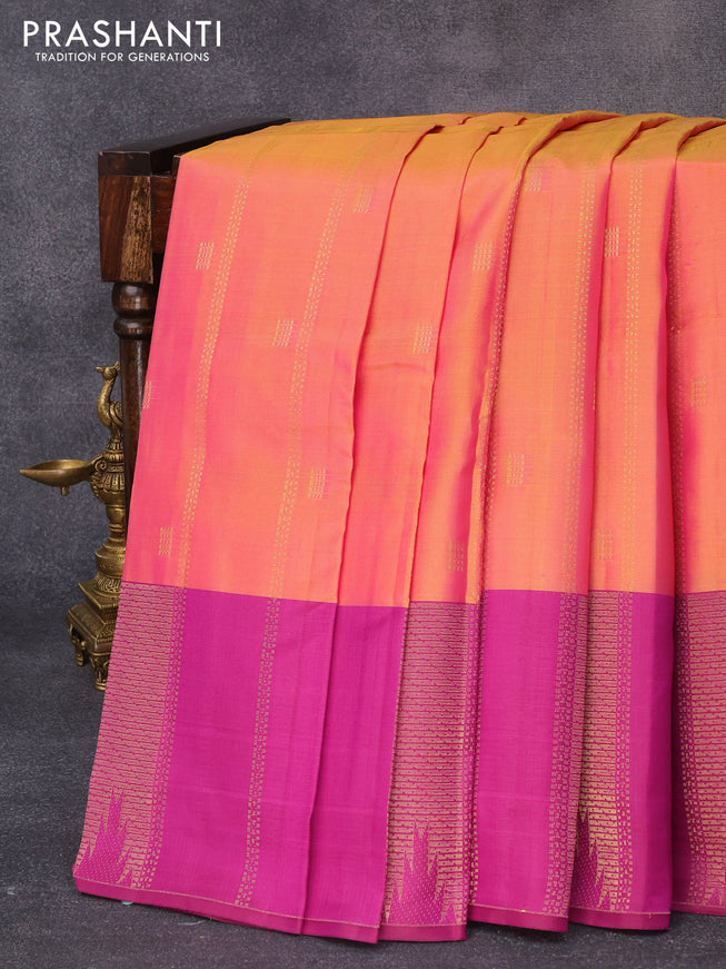 Pure kanjivaram silk saree dual shade of pinkish yellow and magenta pink with allover zari weaves & buttas and zari woven temple border