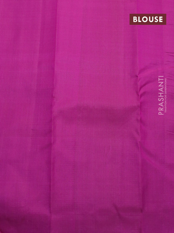 Pure kanjivaram silk saree dual shade of pinkish yellow and magenta pink with allover zari weaves & buttas and zari woven temple border