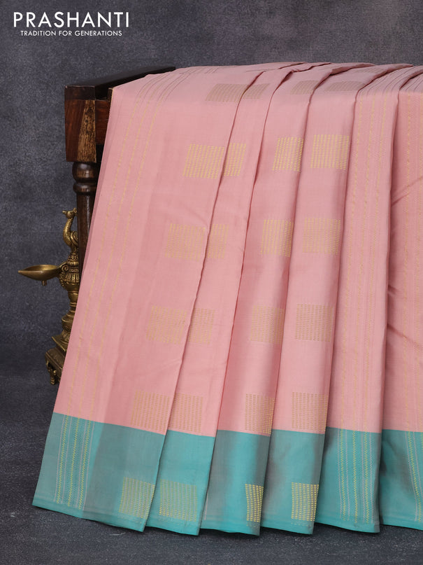 Pure kanjivaram silk saree pastel peach shade and dual shade of green with self emboss & copper zari weaves and zari woven butta border