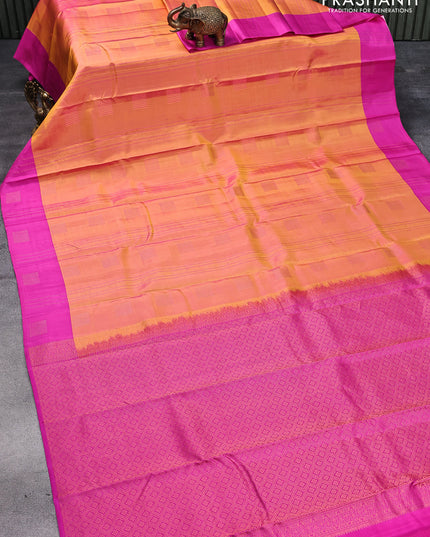 Pure kanjivaram silk saree dual shade of pinkish yellow and pink with self emboss & copper zari weaves and zari woven butta border