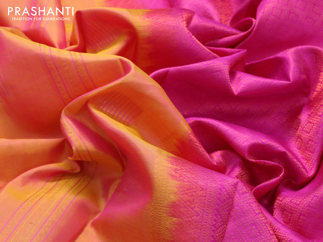 Pure kanjivaram silk saree dual shade of pinkish yellow and pink with self emboss & copper zari weaves and zari woven butta border