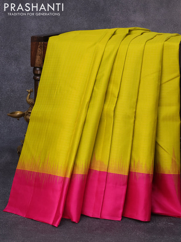 Pure kanjivaram silk saree lime yellow and pink with allover zari checks pattern and simple border