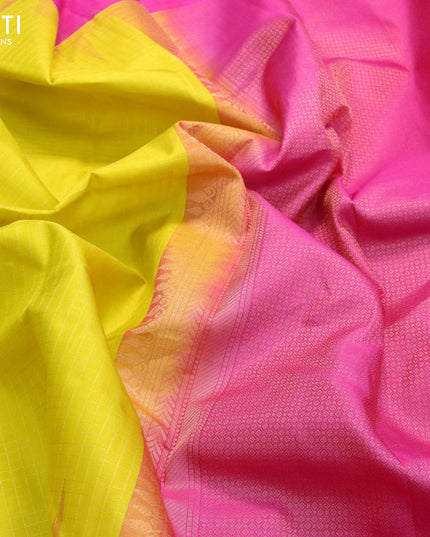Pure kanjivaram silk saree lime yellow and pink with allover zari checks pattern and simple border
