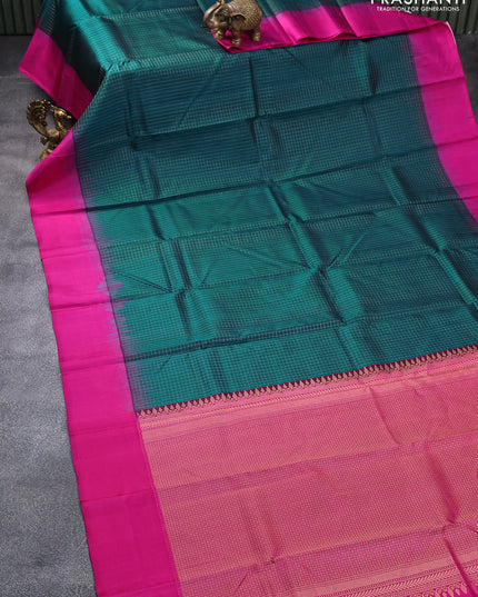 Pure kanjivaram silk saree peacock blue and pink with allover zari checks pattern and simple border