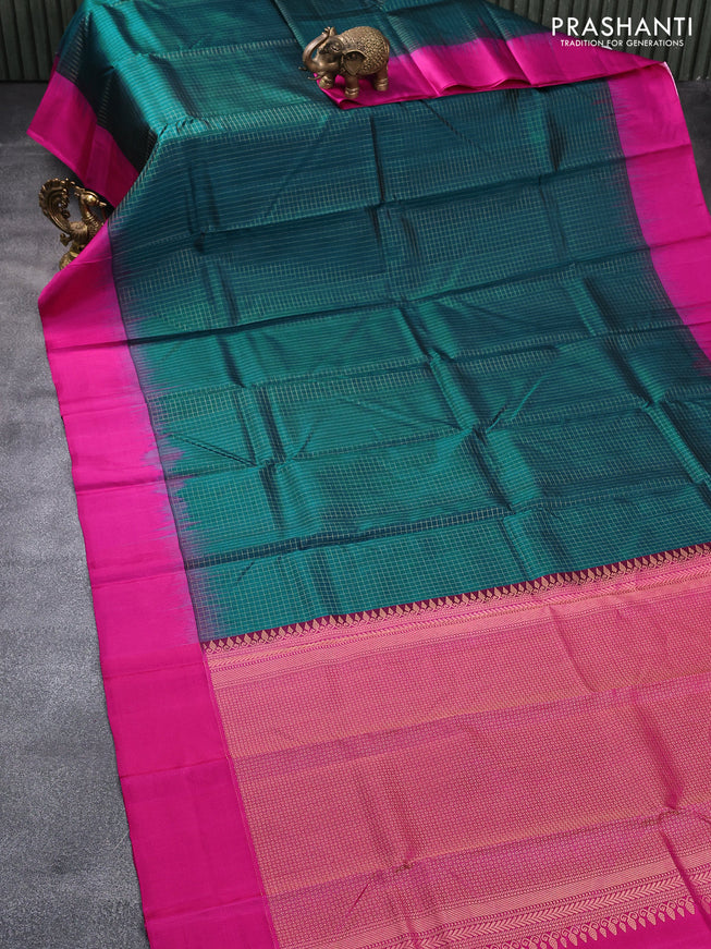 Pure kanjivaram silk saree peacock blue and pink with allover zari checks pattern and simple border