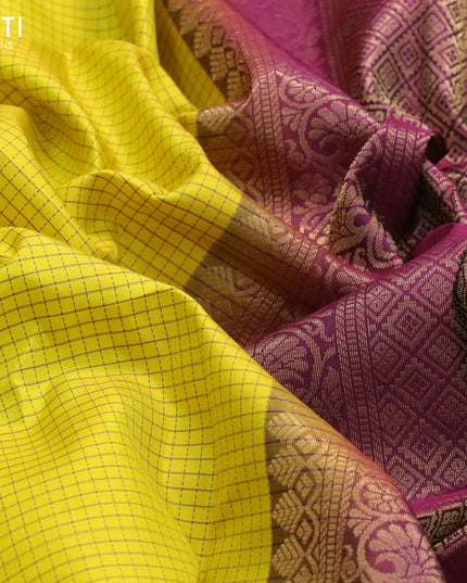 Pure kanjivaram silk saree yellow and wine shade with allover zari checks pattern and simple border
