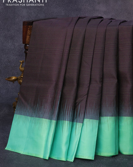 Pure kanjivaram silk saree deep jamun shade and teal shade with allover zari checks pattern and simple border