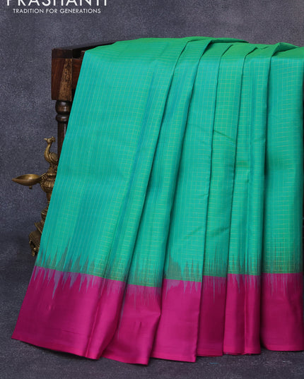 Pure kanjivaram silk saree dual shade of green and purple with allover zari checks pattern and simple border