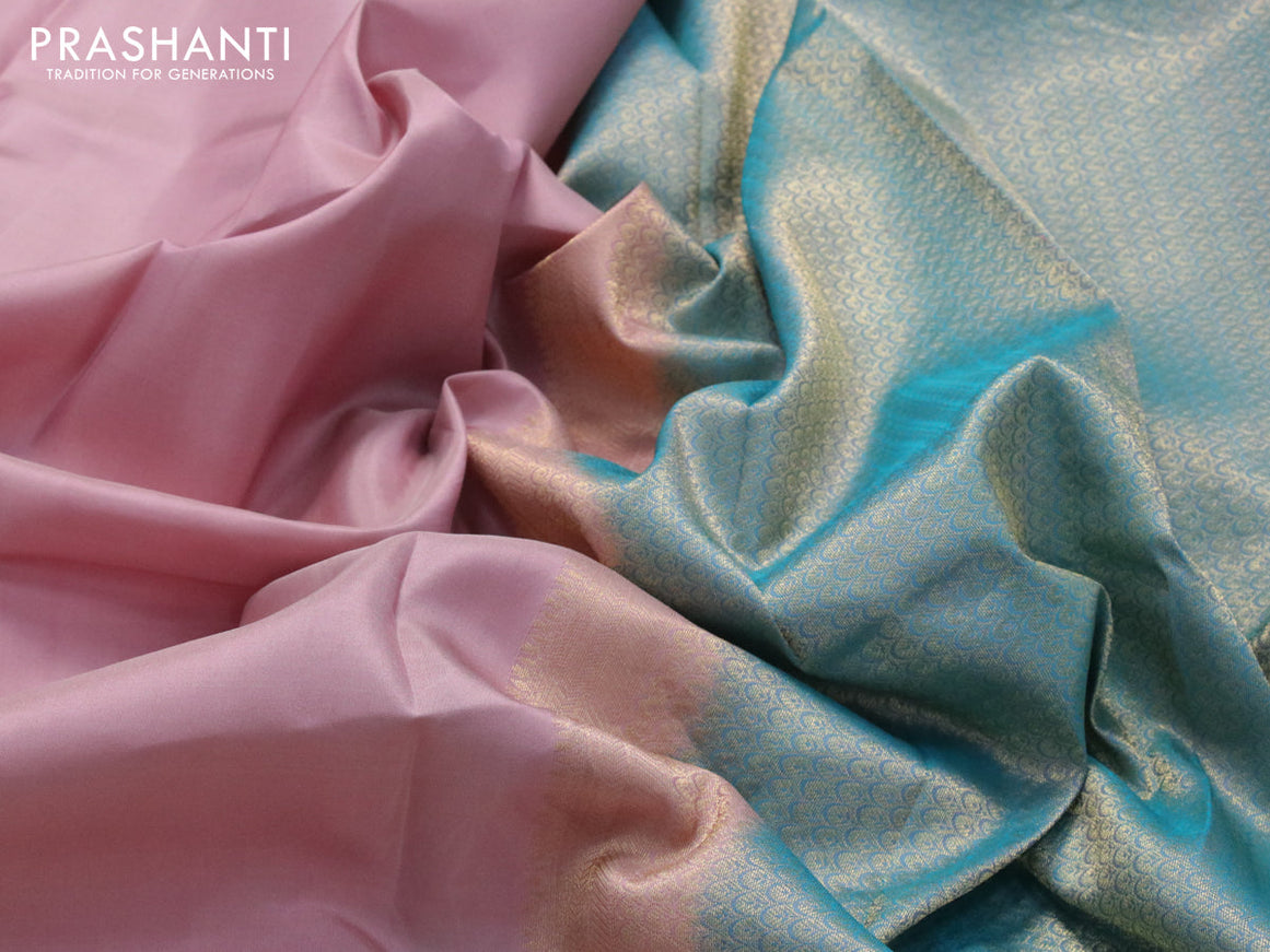 Pure kanjivaram silk saree pastel pink and dual shade of blue with plain body and long zari woven border