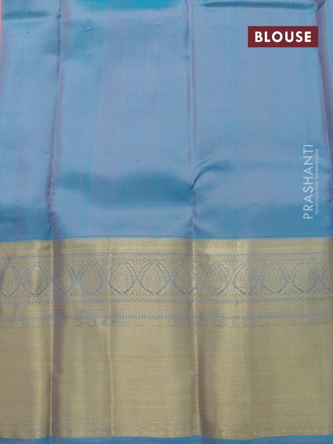 Pure kanjivaram silk saree pastel pink and dual shade of blue with plain body and long zari woven border