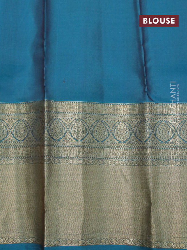 Pure kanjivaram silk saree magenta pink and peacock green with plain body and long zari woven border