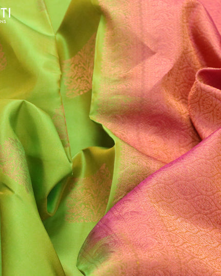 Pure kanjivaram silk saree dual shade of light green and dual shade of pink with copper zari woven buttas and rich copper zari woven border