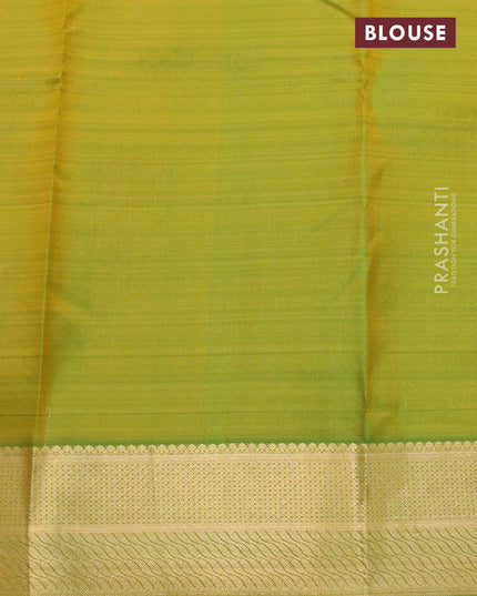 Pure kanjivaram silk saree dual shade of orange and dual shade of greenish yellow with zari woven buttas and zari woven border
