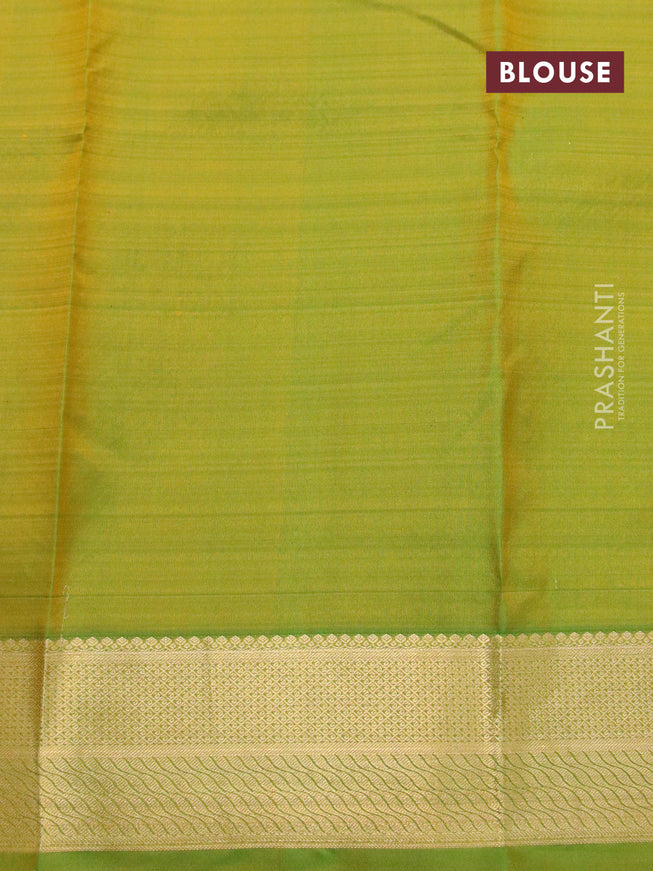 Pure kanjivaram silk saree dual shade of orange and dual shade of greenish yellow with zari woven buttas and zari woven border