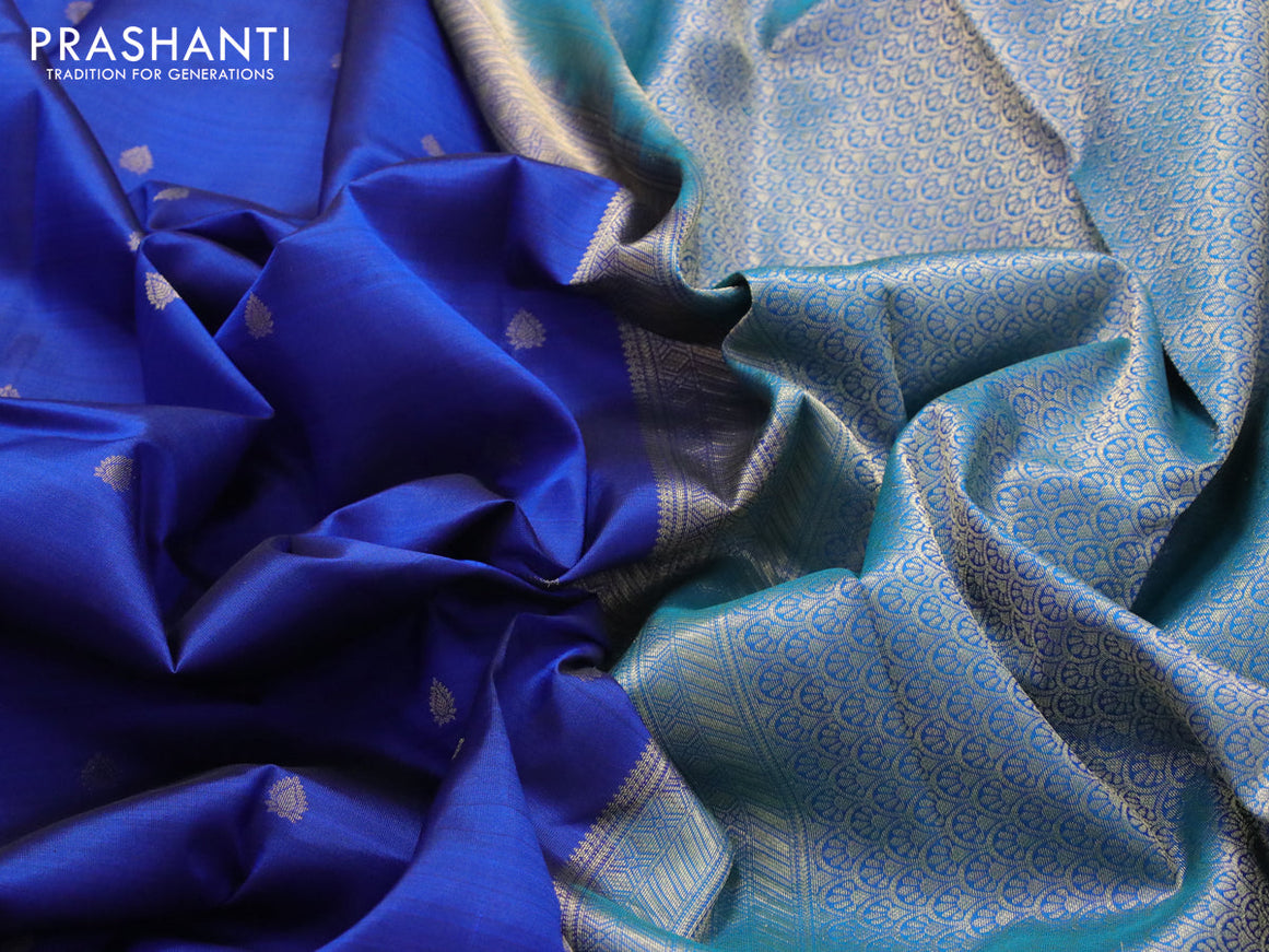 Pure kanjivaram silk saree blue and dual shade of cs blue with zari woven buttas and zari woven peacock border