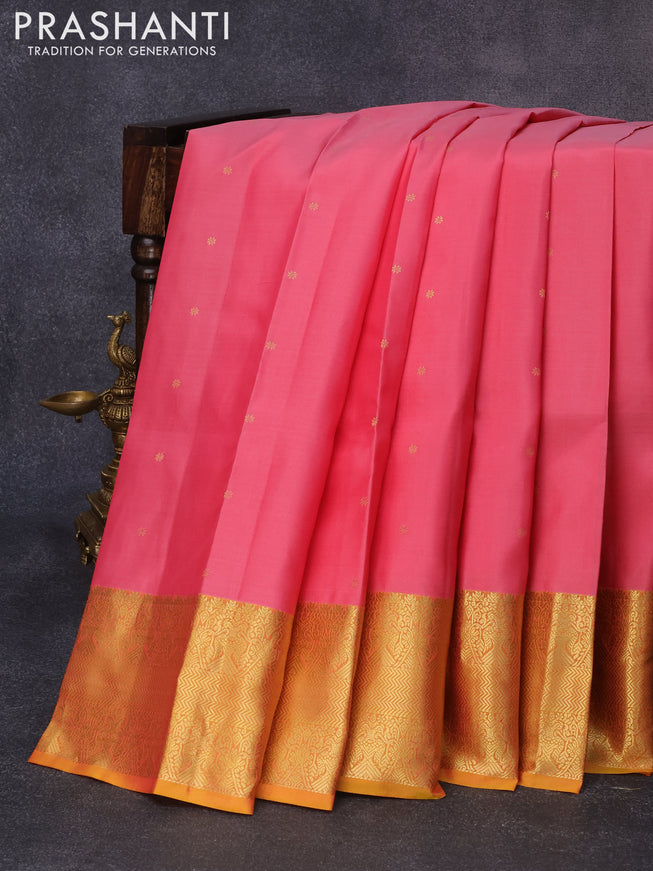 Pure kanjivaram silk saree pink and dual shade of yellow with zari woven floral buttas and rich zari woven border