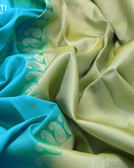 Pure kanjivaram silk saree light blue and dual shade of light green with zari woven floral buttas and rich zari woven border