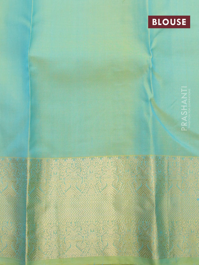 Pure kanjivaram silk saree light blue and dual shade of light green with zari woven floral buttas and rich zari woven border