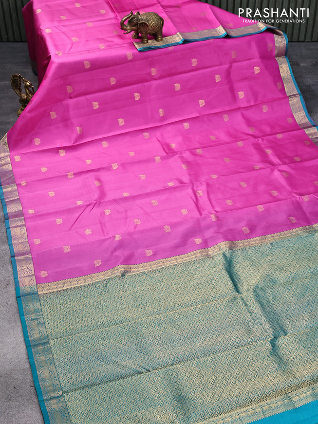 Pure kanjivaram silk saree pink and teal blue with zari woven buttas and zari woven border