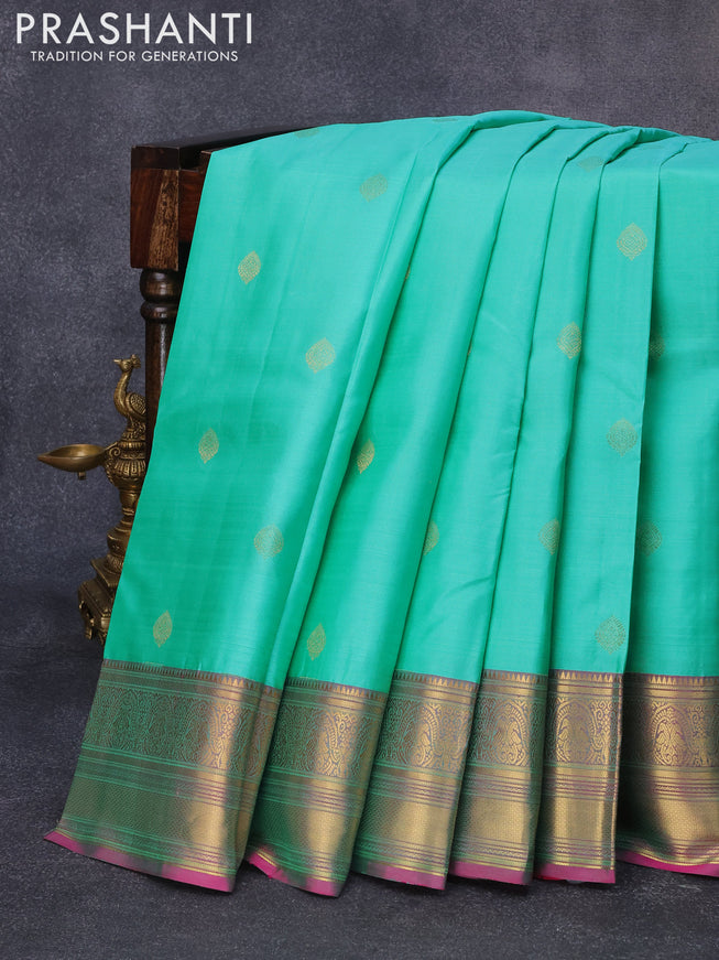 Pure kanjivaram silk saree teal green and pink with zari woven buttas and rich zari woven border