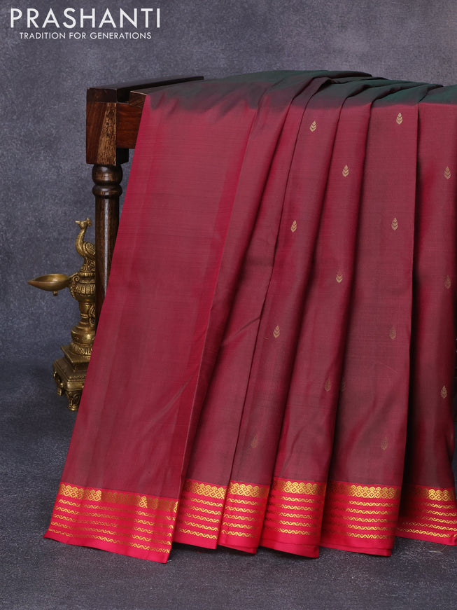 Pure kanjivaram silk saree dual shade of maroon and dark pink with zari woven buttas and zari woven border