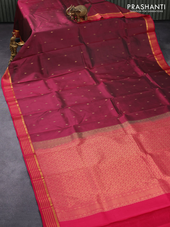 Pure kanjivaram silk saree dual shade of maroon and dark pink with zari woven buttas and zari woven border
