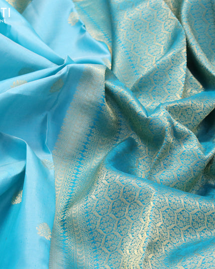 Pure kanjivaram silk saree light blue and teal blue with zari woven buttas and rich zari woven border
