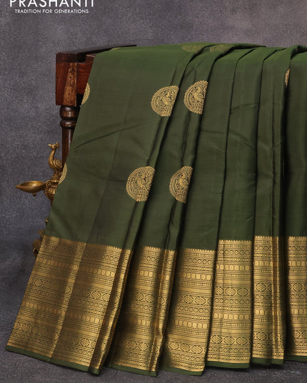 Pure kanjivaram silk saree sap green and dual shade of pinkish orange with annam zari woven buttas and long zari woven border