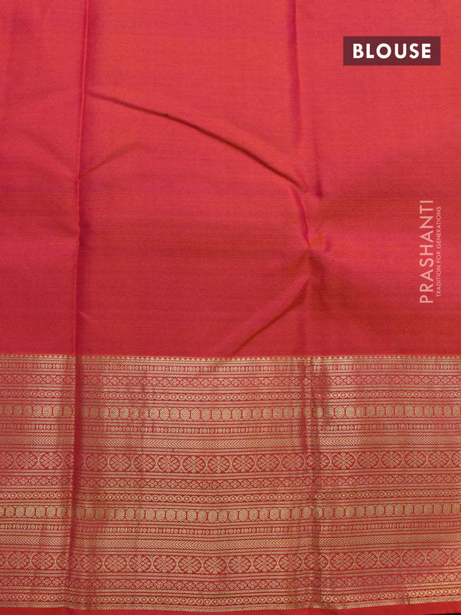 Pure kanjivaram silk saree sap green and dual shade of pinkish orange with annam zari woven buttas and long zari woven border