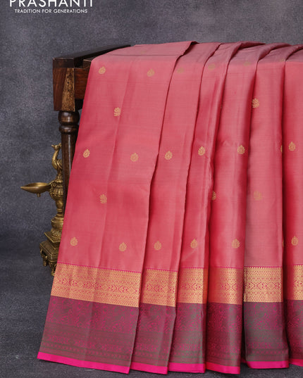 Pure kanjivaram silk saree pastel pink shade and pink with zari woven buttas and zari & thread woven border