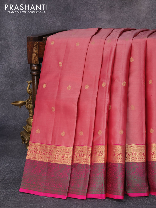 Pure kanjivaram silk saree pastel pink shade and pink with zari woven buttas and zari & thread woven border